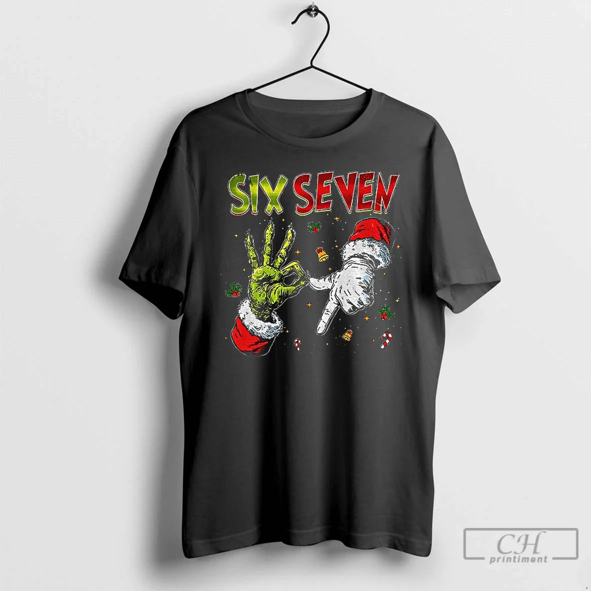 Premium Jumper Grinch And Santa Hand Six Seven 67 Meme Shirt