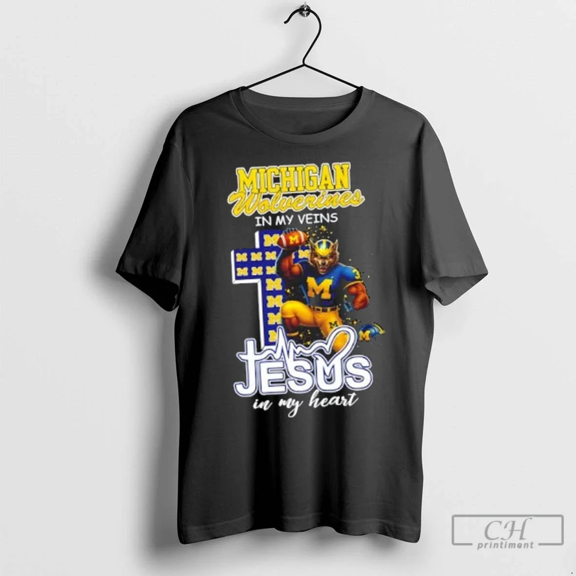 Premium Michigan Wolverines My Veins Jesus My Heart Cross Mascot