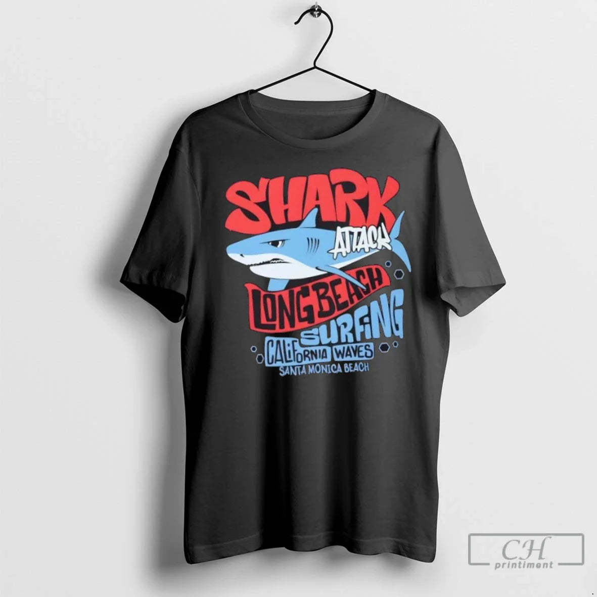 Premium Shark Attack Surfing Long Beach California Waves Tee Vintage