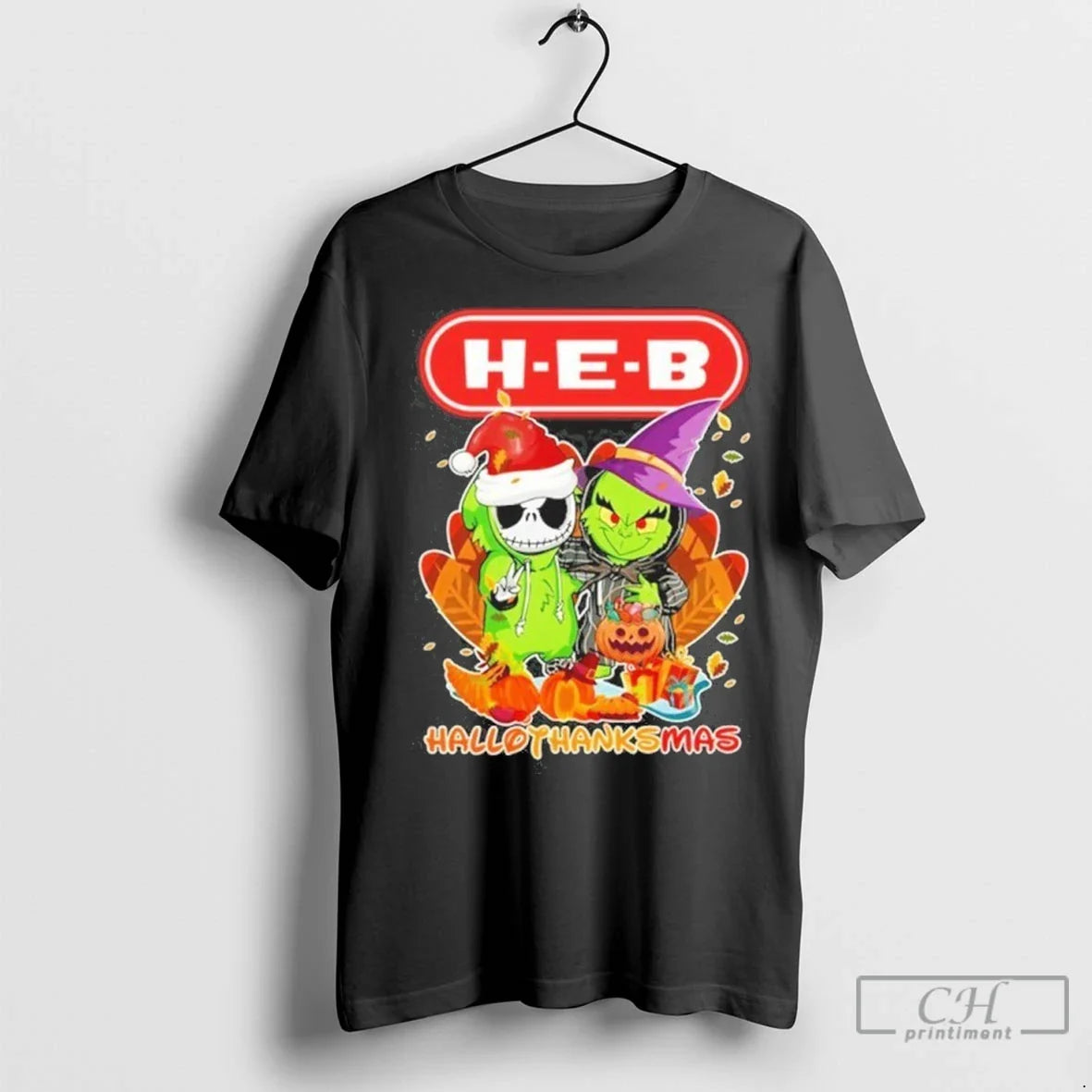 Premium Grinch And Santa Jack H E B Logo Hallothanksmas Hoodie