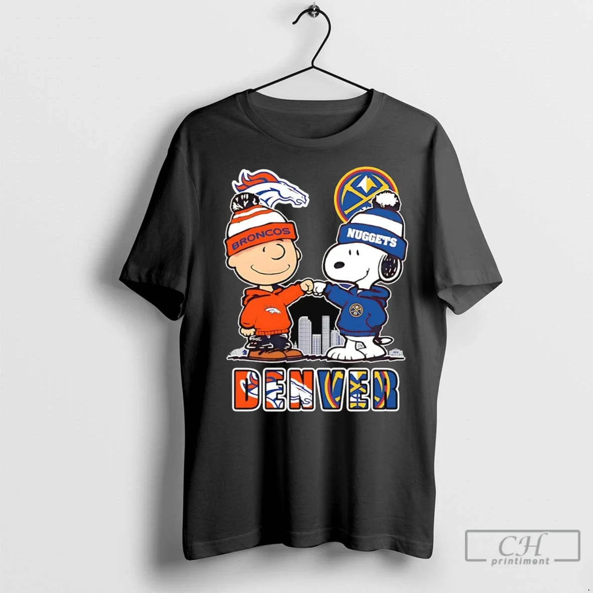 Snoopy And Charlie Brown Fist Bump Broncos And Nuggets Denver Skyline