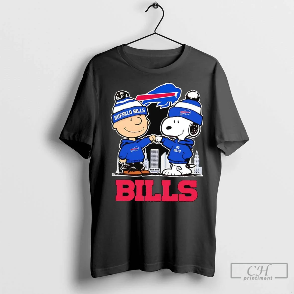 Snoopy And Charlie Brown Fist Bump Buffalo Bills Skyline T Shirts