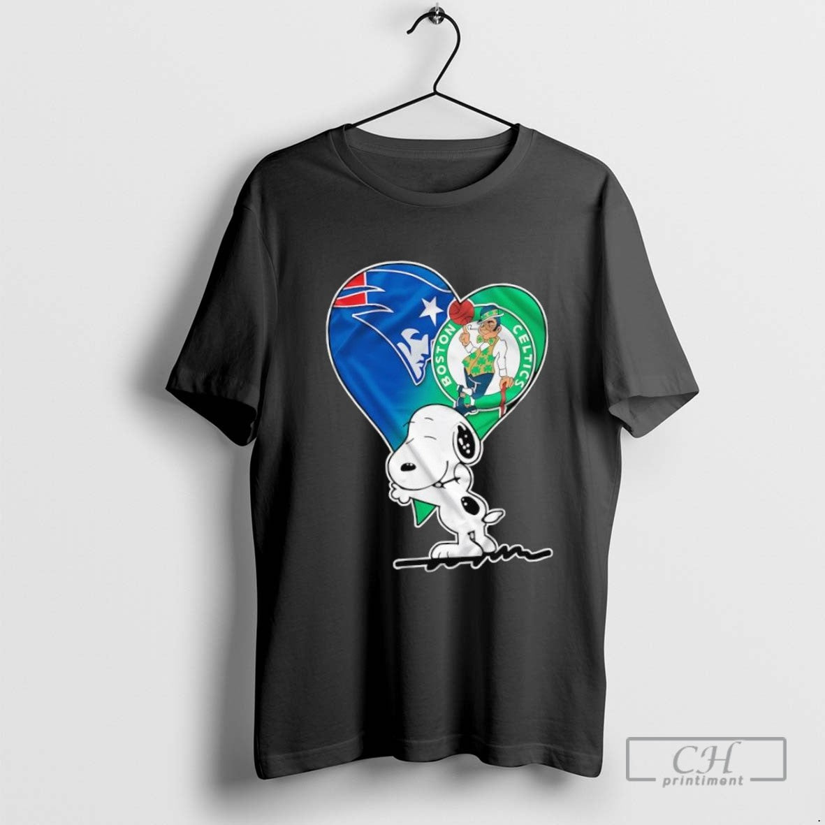 Snoopy Hug New England Patriots And Boston Celtics Heart Logo