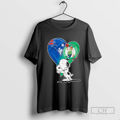 Snoopy Hug New England Patriots And Boston Celtics Heart Logo