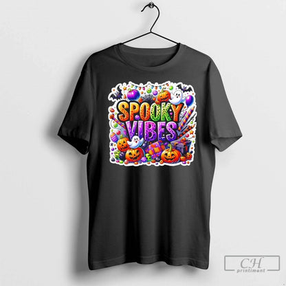 Spooky Vibes Colorful Halloween Ghost T Shirts Long Sleeve Elegant