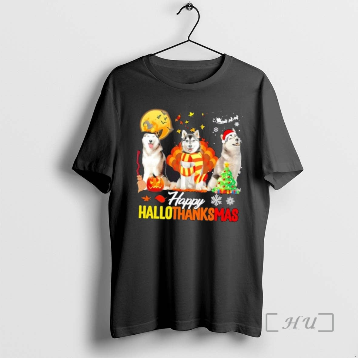Trending Husky Dogs Happy Hallothanksmas Shirt Elegant Design