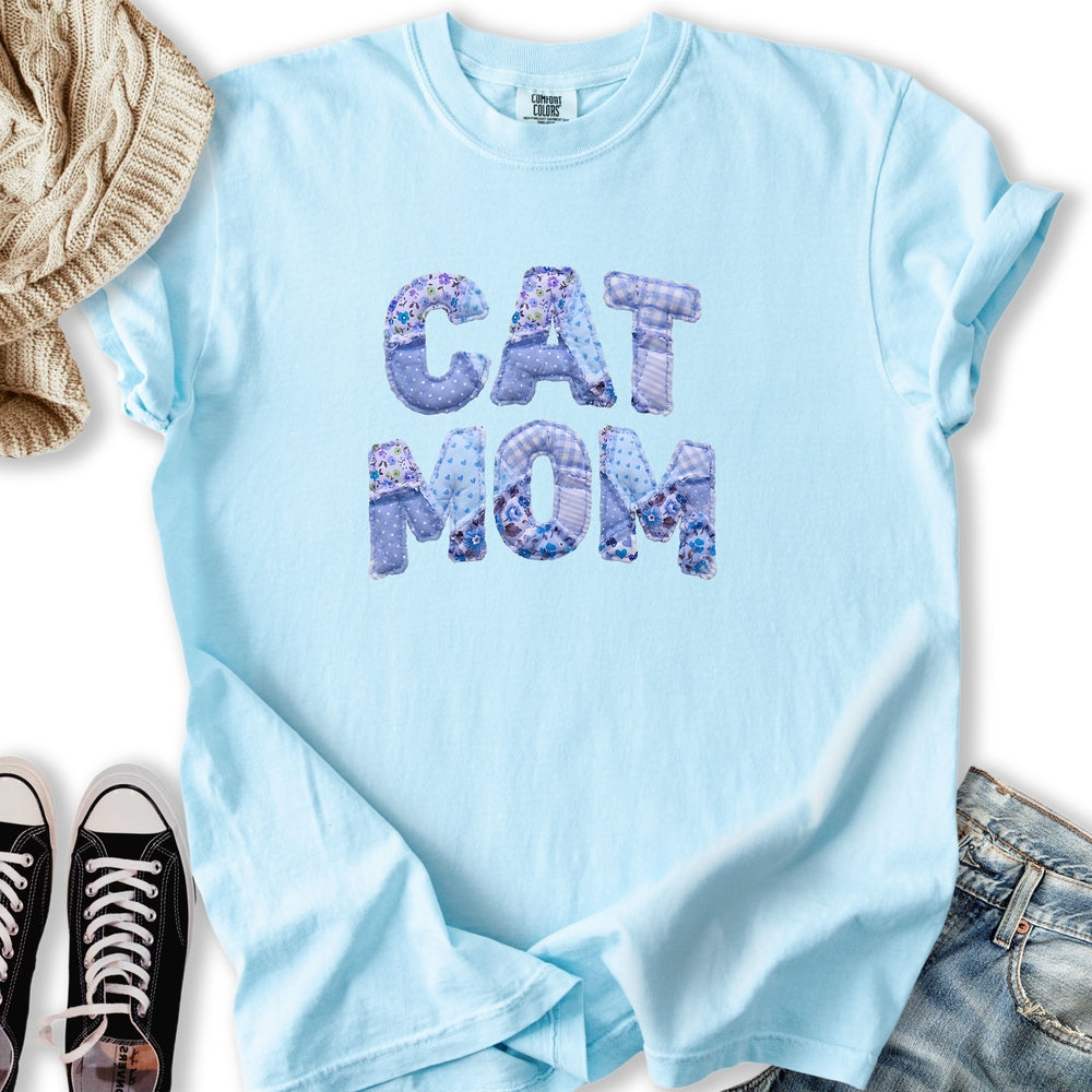 Blue Faux Patchwork Cat T Tee Stylish Apparel