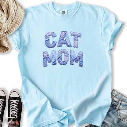 Blue Faux Patchwork Cat T Tee Stylish Apparel