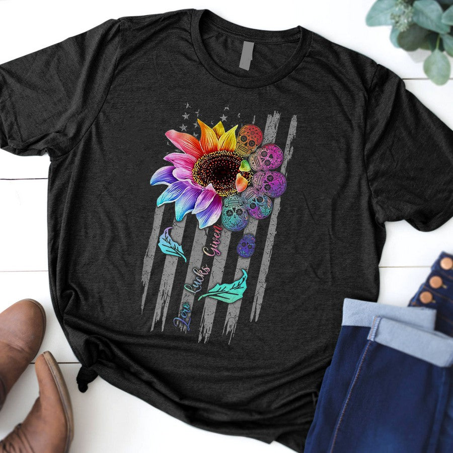 Zero Lucks Given Sunflower Sugar Skull American Flag T-Shirt
