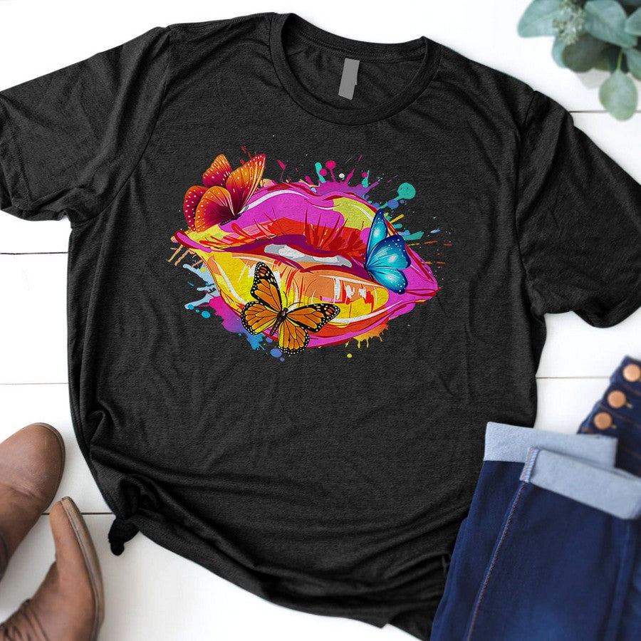 Womens Butterfly Lips Sexy Mouth Kissing Be Nice Womens Kiss T-Shirt