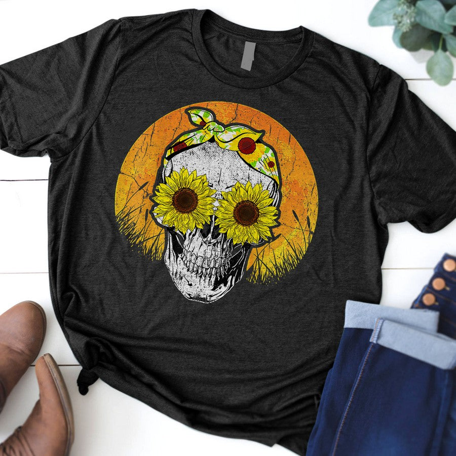 Halloween Skull Sunflower Shirt Moon Skeleton Bandana Skull T-Shirt