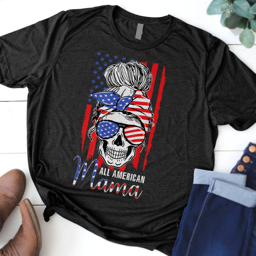 All American Mama Usa Flag Messy Bun Skull Mom 4Th Of July T-Shirt