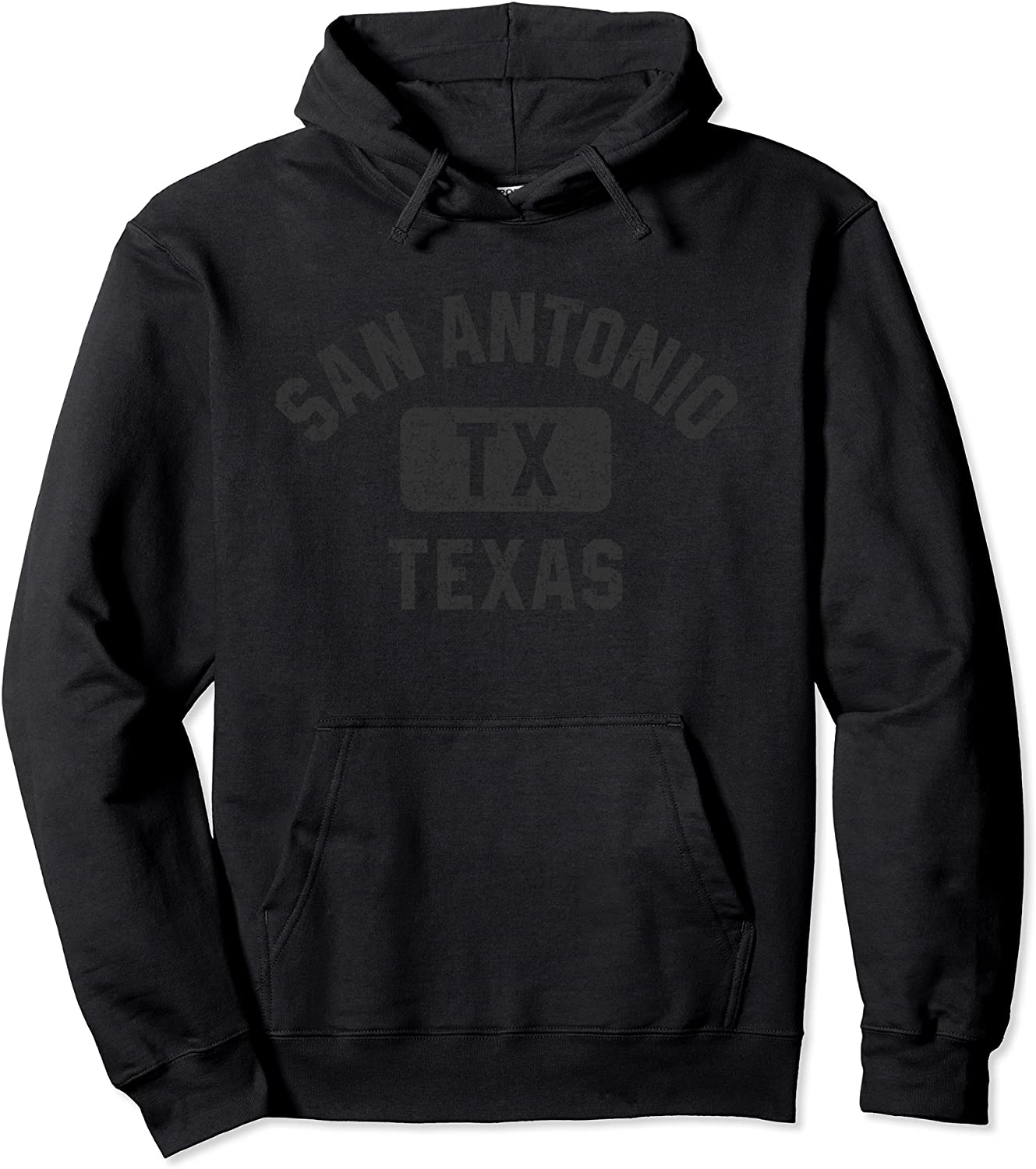 San Antonio TX Texas Gym Style Black w Distress Black Print Pullover Hoodie
