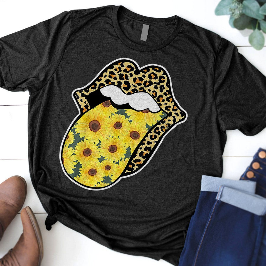 Leopard Lips Sunflower Tongue Sticking Out Flower Graphic T-Shirt