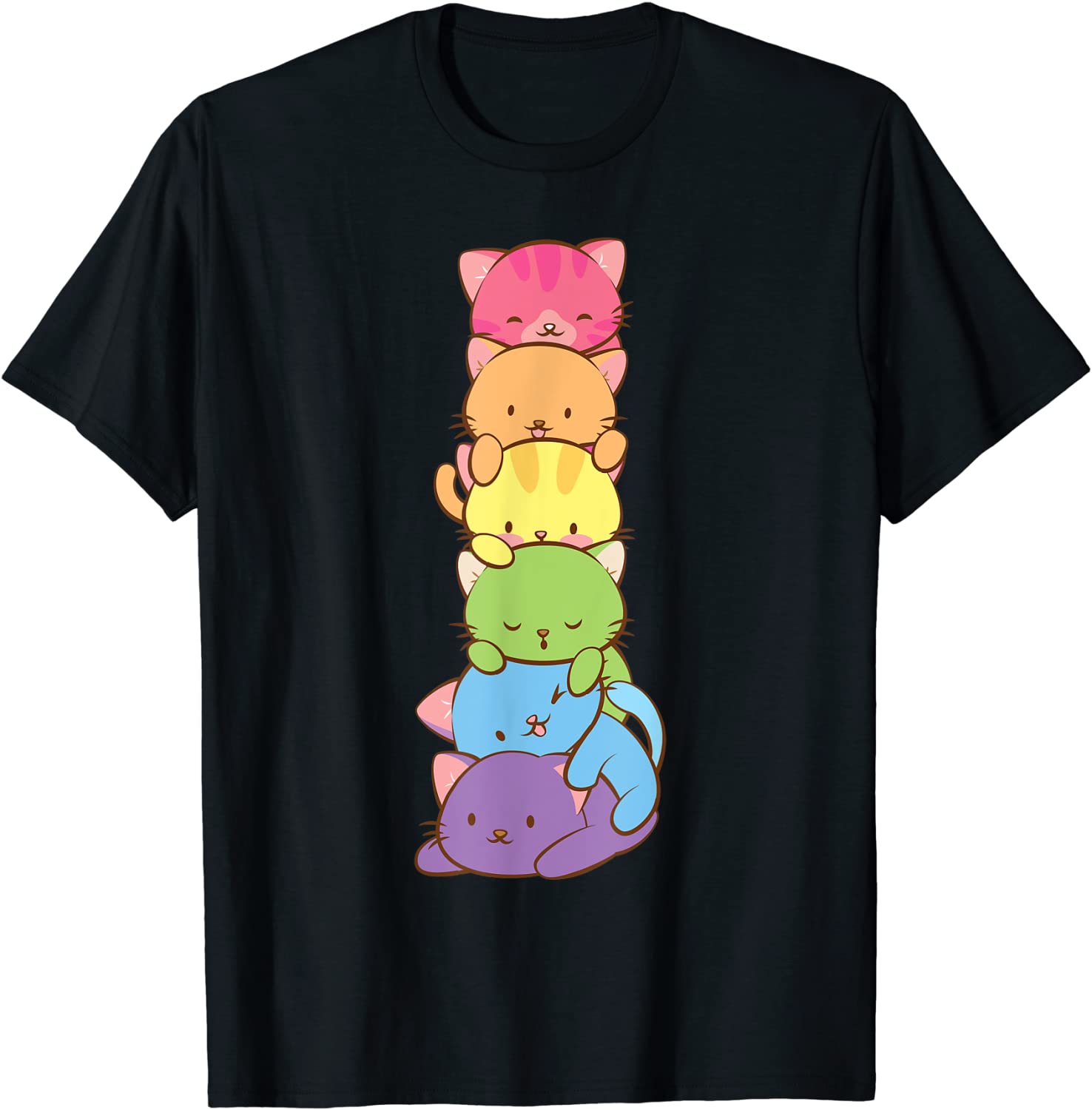 Cute LGBT Rainbow Gay Pride Flag Kawaii Cat Pile Anime Art T-Shirt