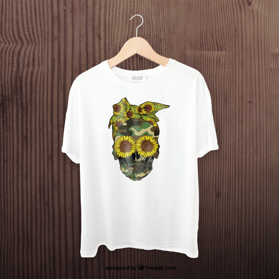 Skull Sunflower Camouflage Skull With Leopard Bandana Bow T-Shirt