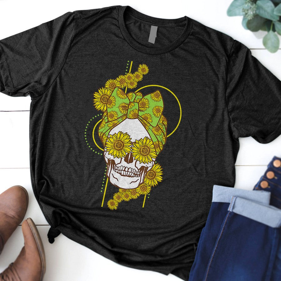 Funny Sunflower Skull Gift For Women Cool Skeleton Bandana T-Shirt_1