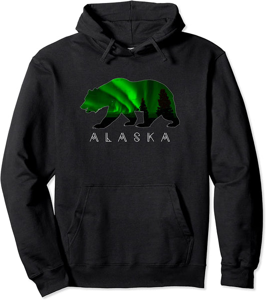 Alaskan Bear with Green Aurora Borealis Trees HOODIE Pullover Hoodie
