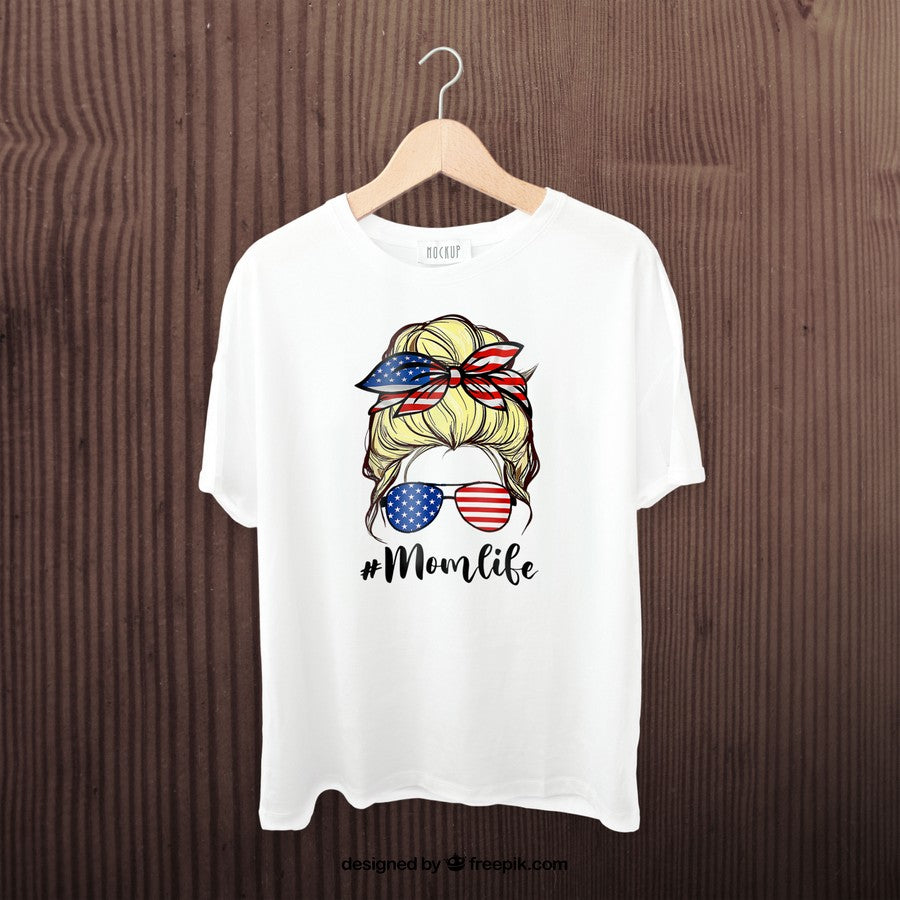 Messy Hair Woman Bun American Mom Life 4Th Of July Blond T-Shirt
