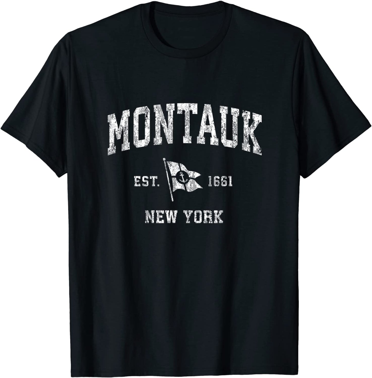 Montauk NY Vintage Nautical Boat Anchor Flag Sports T-Shirt