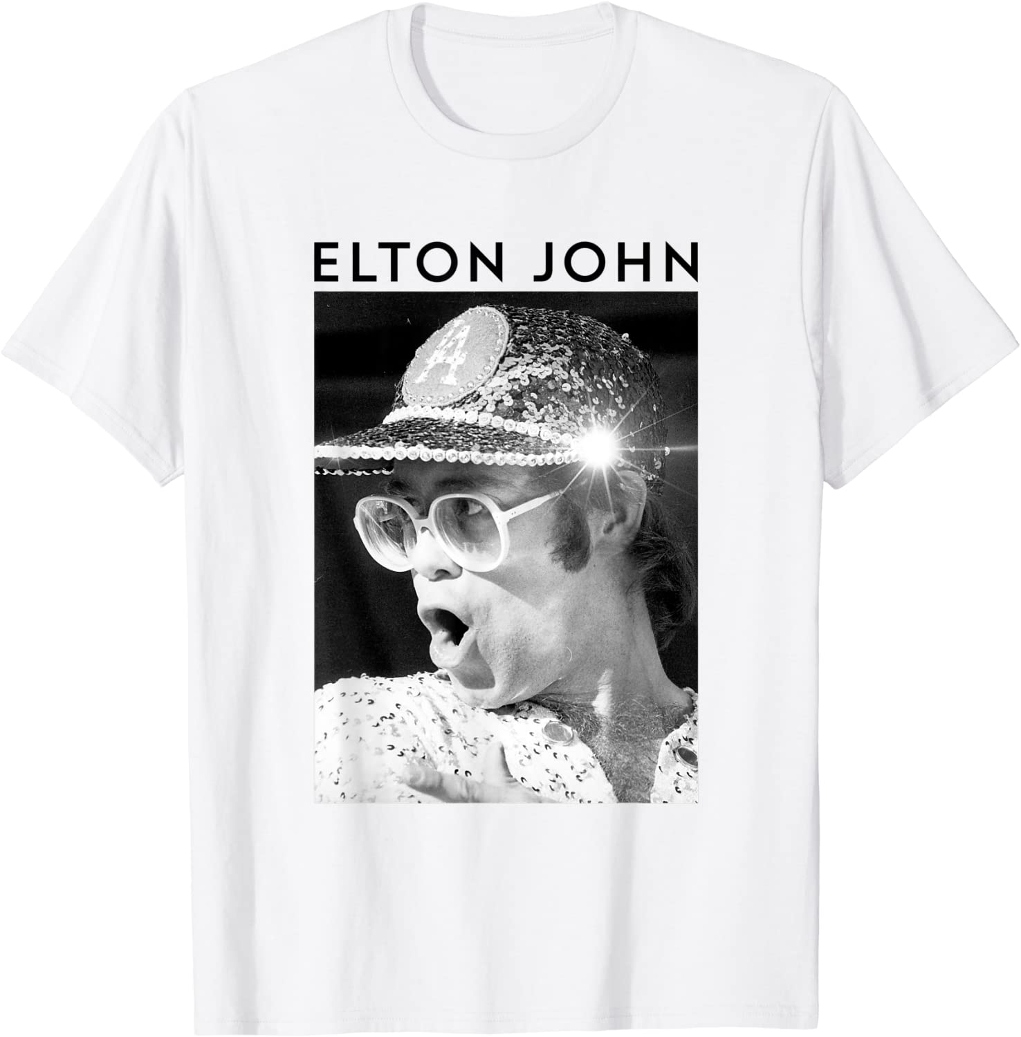 Elton John Official Black White Photo Sequin Cap T-Shirt