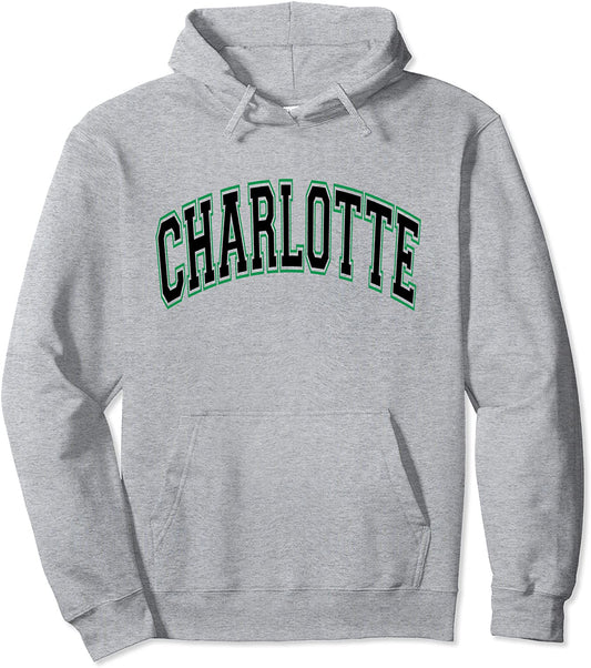 Charlotte NC Varsity Style Black Text with Green Outline Pullover Hoodie
