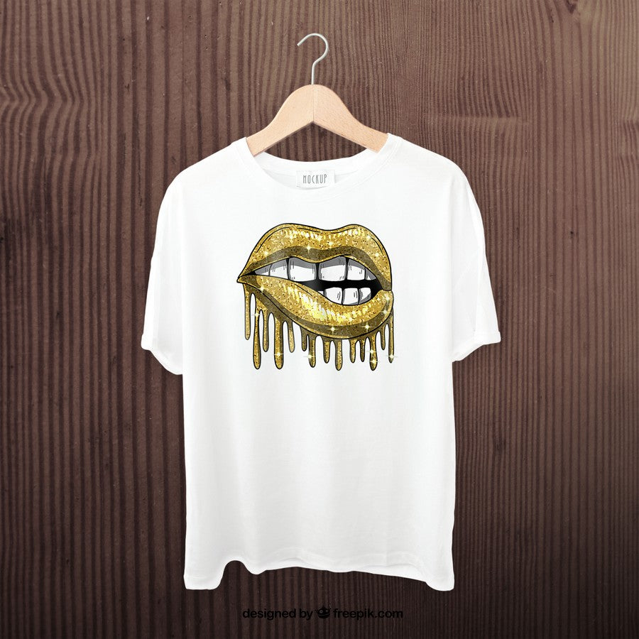 Womens Golden Lip Bite Drip Girly Babe Mouth Sexy Lips Lady Gift T-Shirt