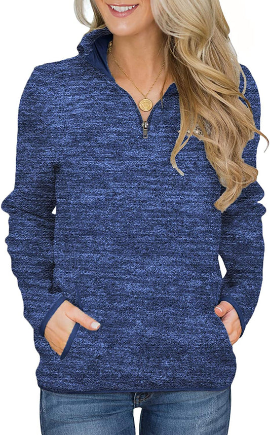 Aleumdr Women Casual Long Sleeve 14 Zipper Color Block Sweatshirts Stand Collar Pullover Tunic Tops with Pockets S-XXL