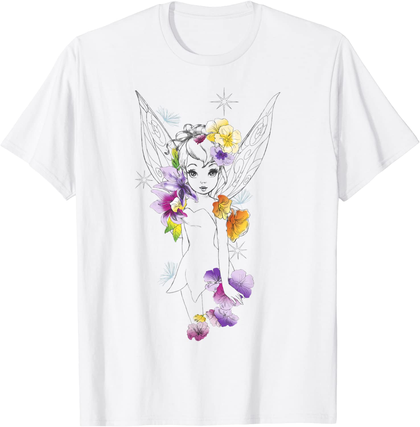 Disney Peter Pan Tinker Bell Outline Floral Sketch Portrait T-Shirt