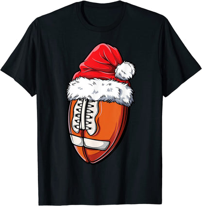 Christmas Football Ball Santa Hat Funny Sport Xmas Boys Men T-Shirt