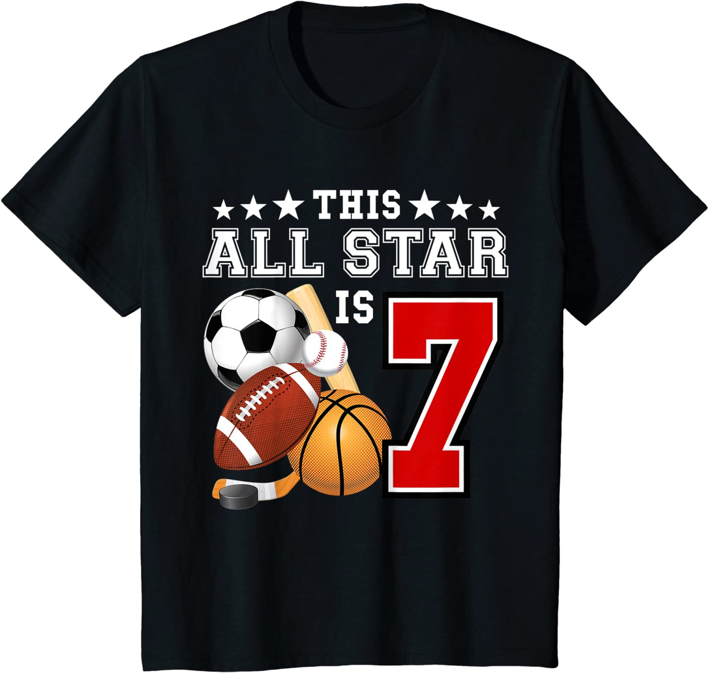 Kids 7 Year Old Sports Star Birthday Party All Sport 7th Gift T-Shirt