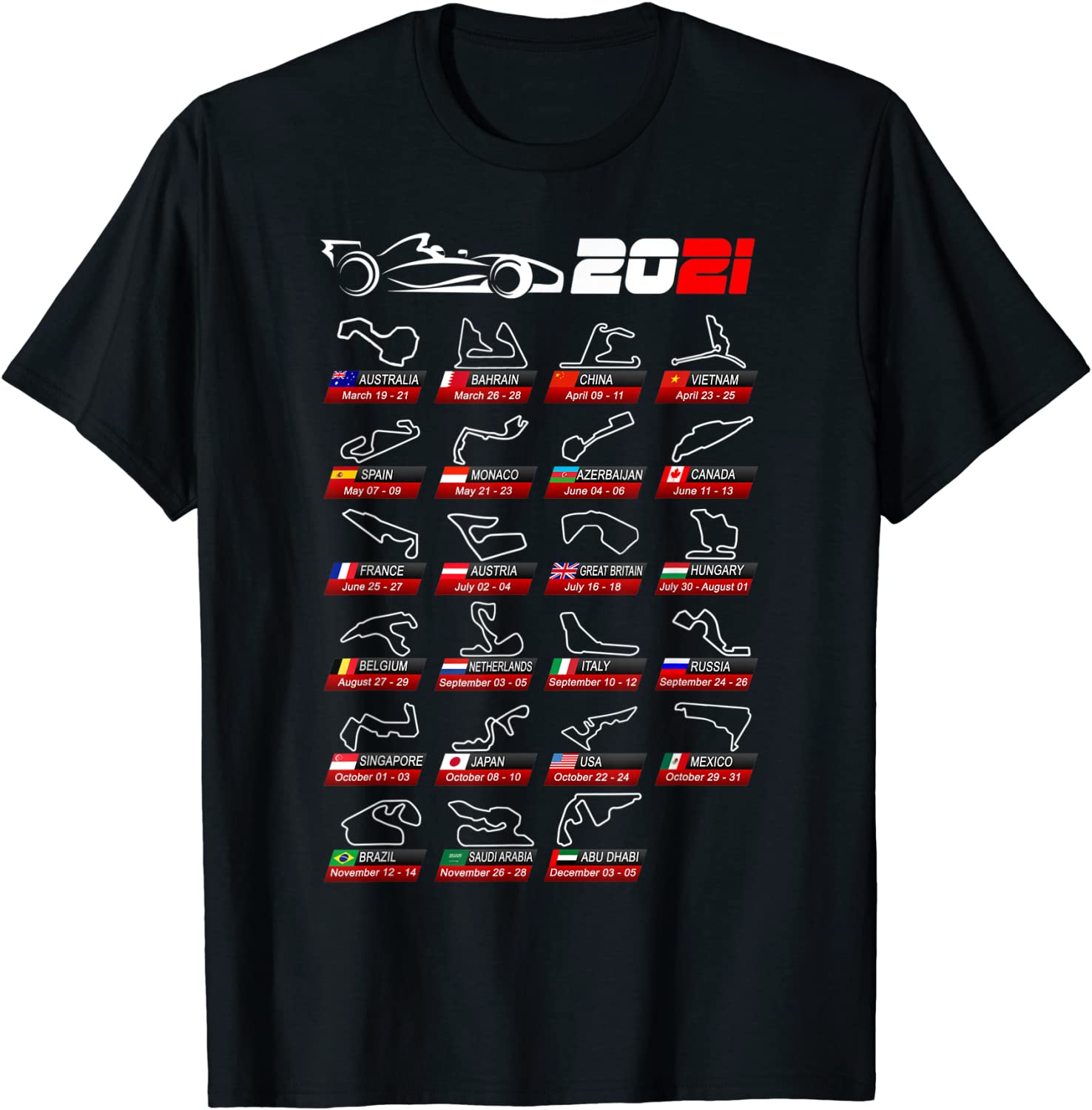 Calendar race cars Formula 2021 circuits sport T-Shirt