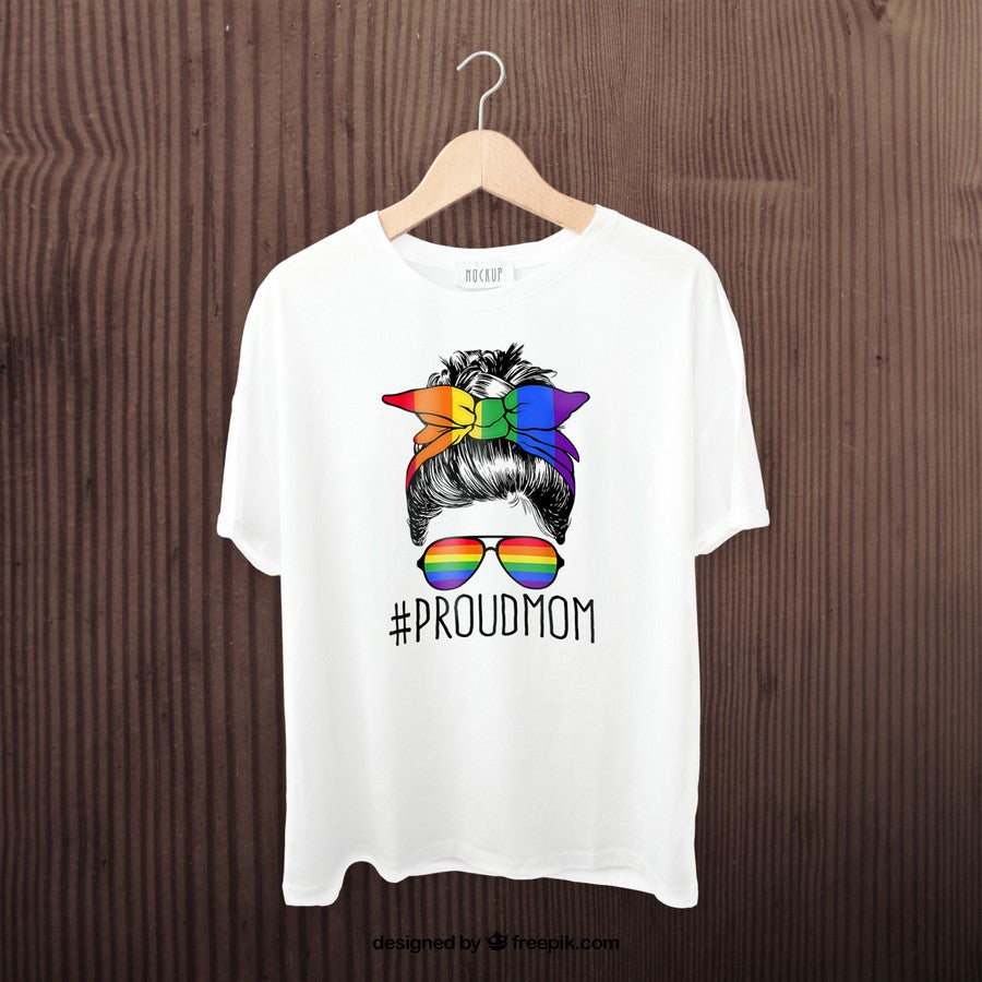Proud Mom Messy Hair Bun Lgbtq Rainbow Flag Lgbt Pride Ally T-Shirt