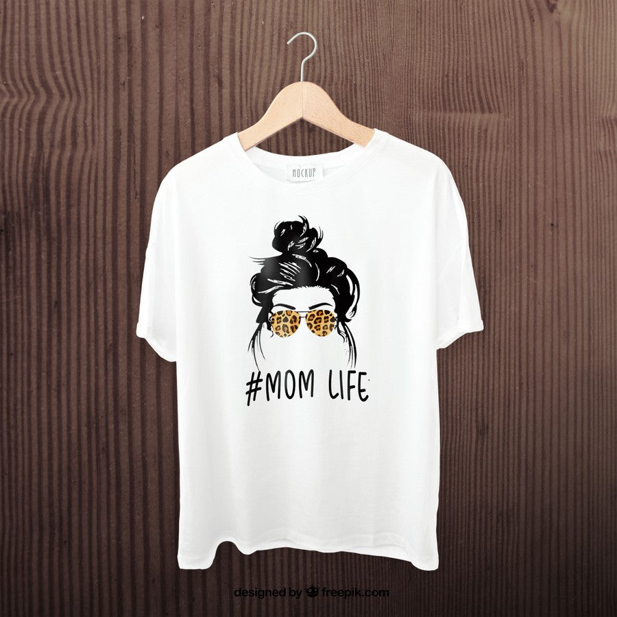 Classy Mom Life With Leopard Pattern Shades Cool Messy Bun T-Shirt