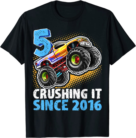 5 Crushing It Since 2016 Monster Truck 5th Birthday Gift Boy T-Shirt