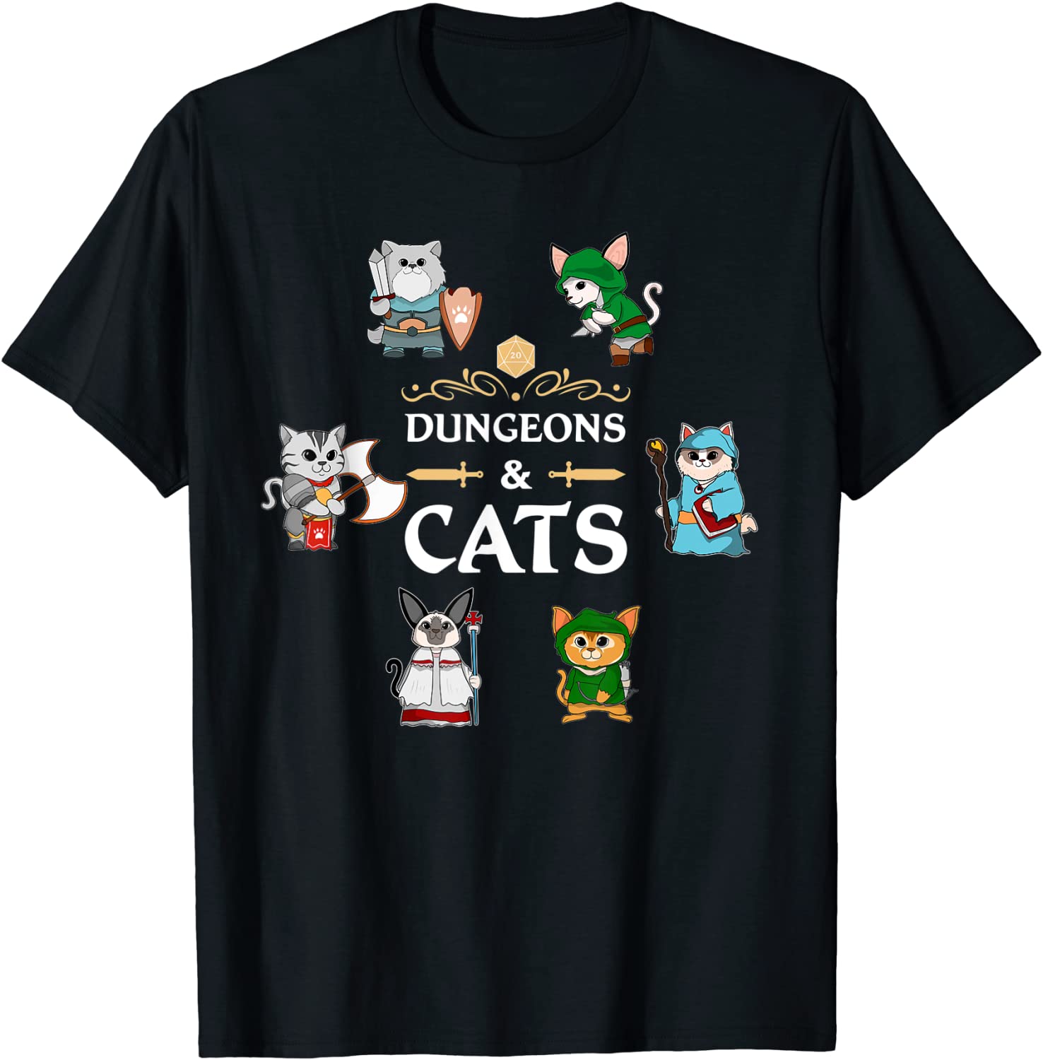 Dungeons and Cats RPG D20 Fantasy Roleplaying Gamers Gift T-Shirt