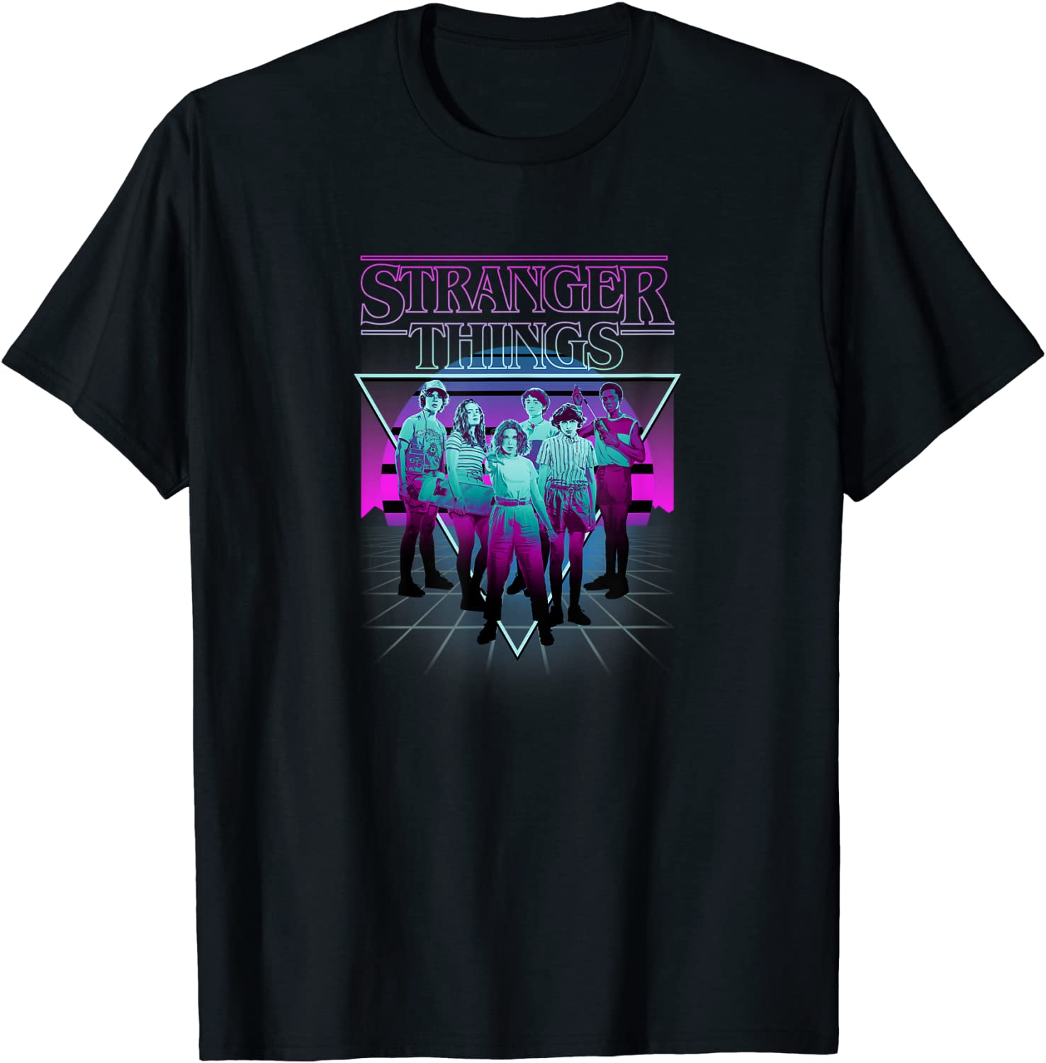 Stranger Things Group Shot Neon Triangle T-Shirt