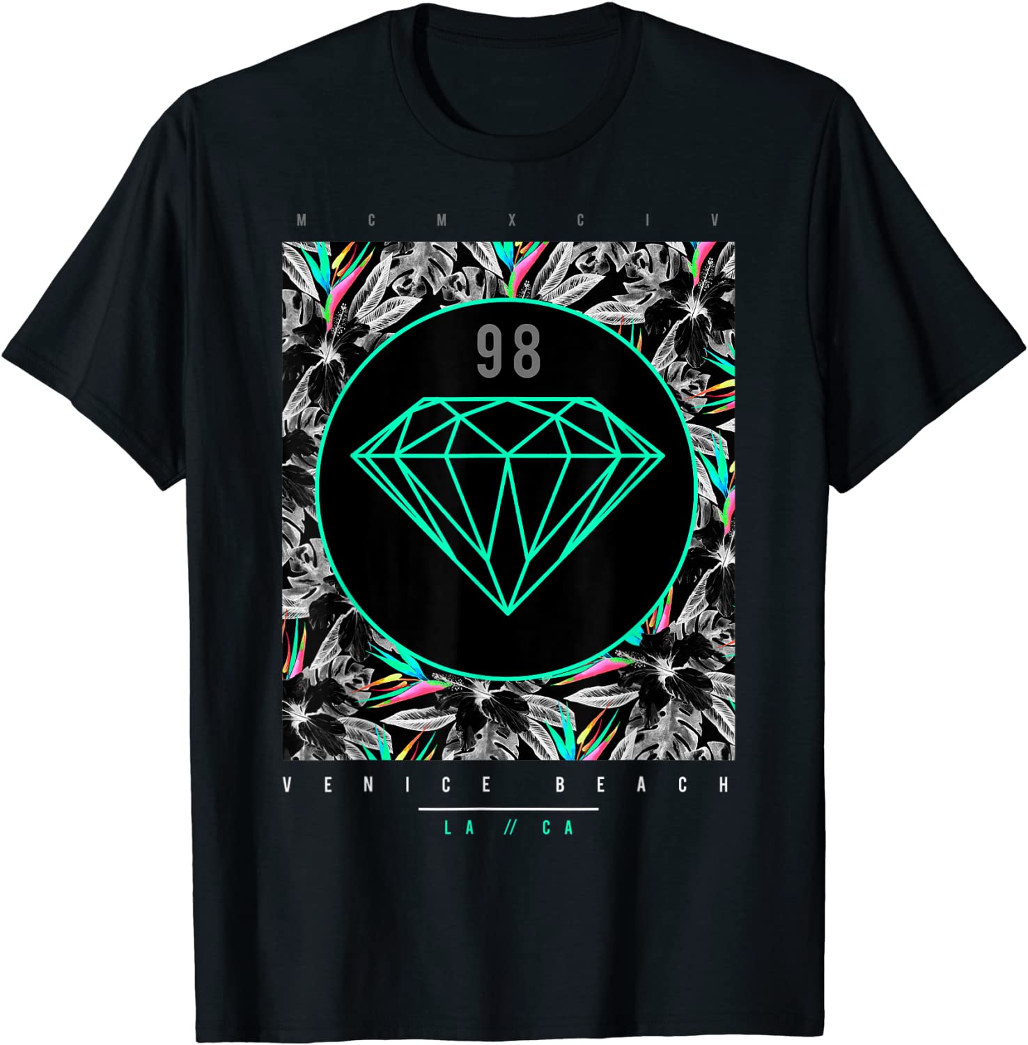 Venice Beach Diamond Color Floral Print Graphic T-Shirt