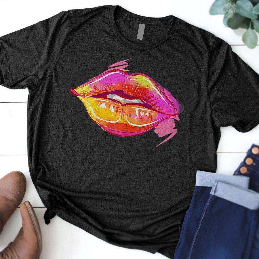 Womens Women Sexy Colorful Graphic Lips Tshirt Women Printed Lips T-Shirt