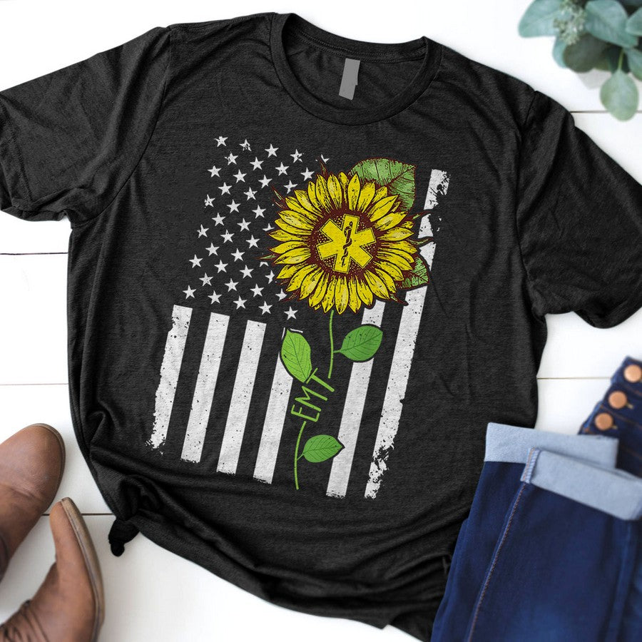 American Flag Emt Sunflower Hippie Tshirt Emt Gifts T-Shirt