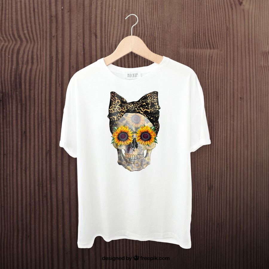 Womens Sunflower Skull Love Floral Flowers Leopard Bandana T-Shirt