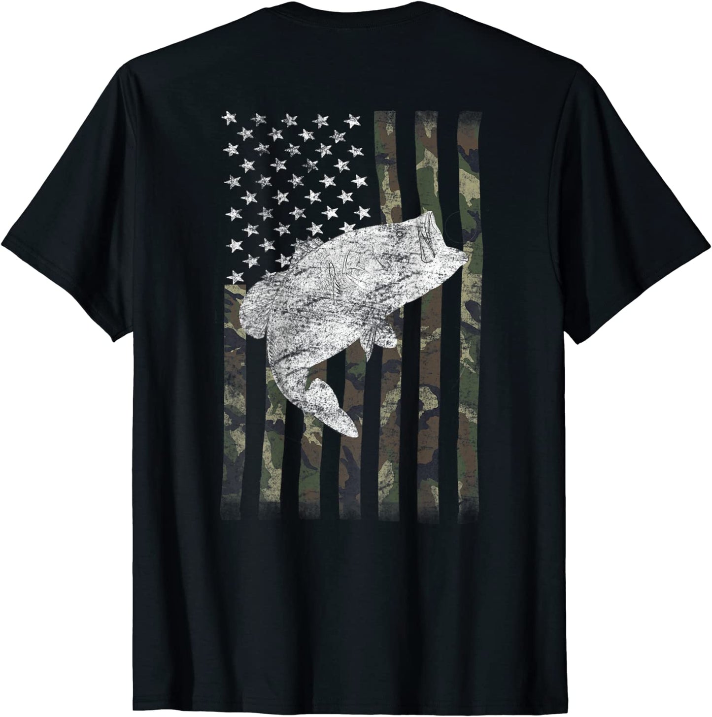 Bass Fishing American Camo USA Flag for Fisherman on back T-Shirt