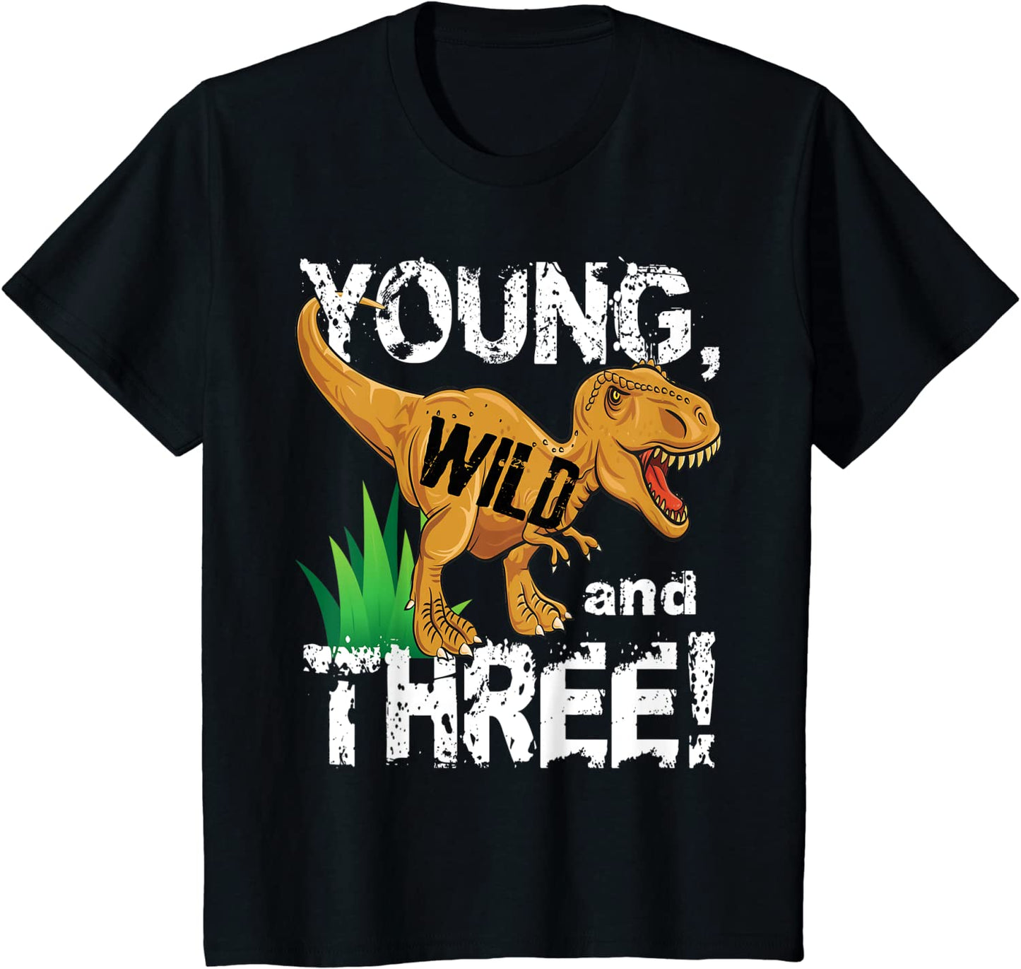 Kids Young Wild and Three 3 Dinosaur T-Rex Birthday Shirt Boys