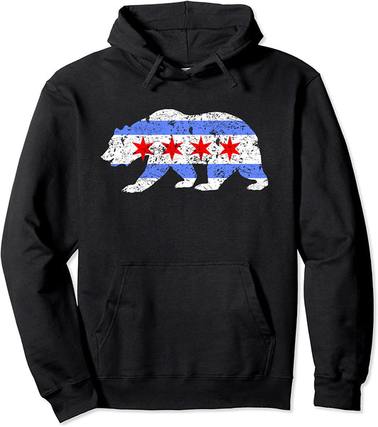 Chicago City Flag Distressed Bear Gift Pullover Hoodie