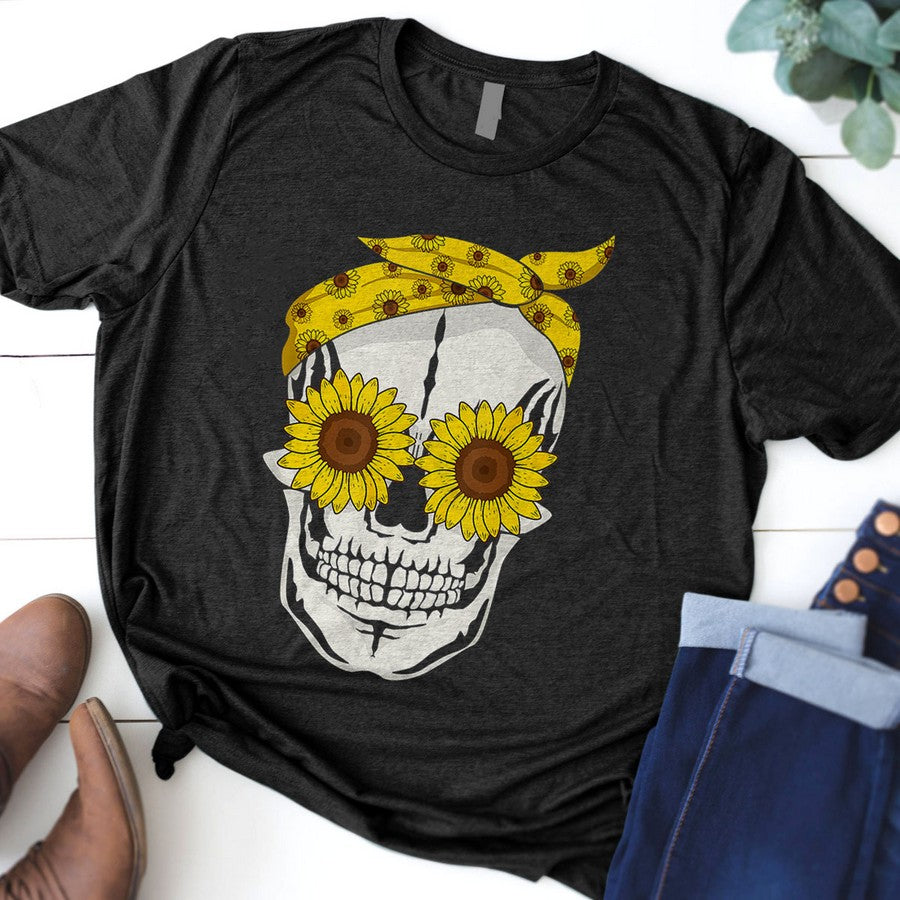 Funny Sunflower Skull Gift For Women Cool Skeleton Bandana T-Shirt