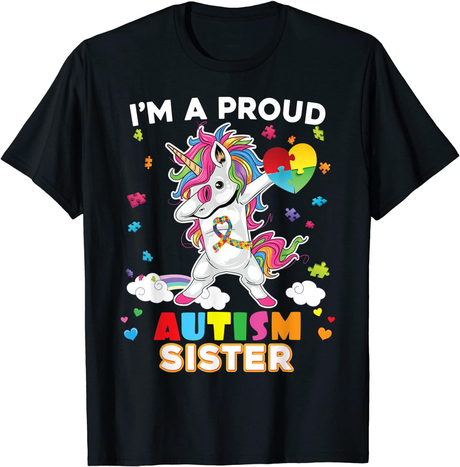 Im A Proud Sister Dabbing Unicorn Autism Awareness Puzzle T-Shirt