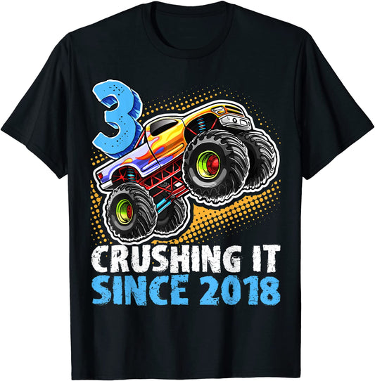 3 Crushing It Since 2018 Monster Truck 3rd Birthday Gift Boy T-Shirt