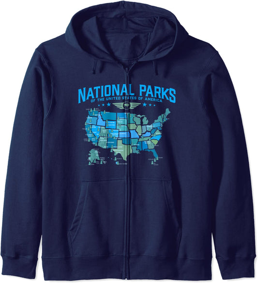 All US National Parks Map Camping 80s Graphic Hoodie