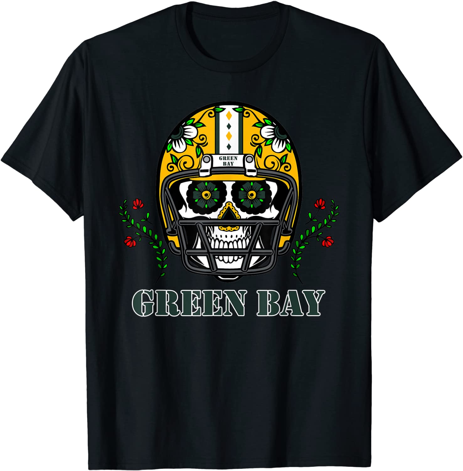 Green Bay Football Helmet Sugar Skull Day Of The Dead T-Shirt