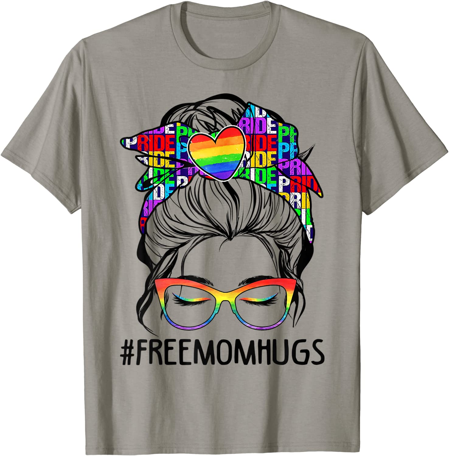 Womens Free Mom Hugs Messy Bun LGBT Pride Rainbow T-Shirt